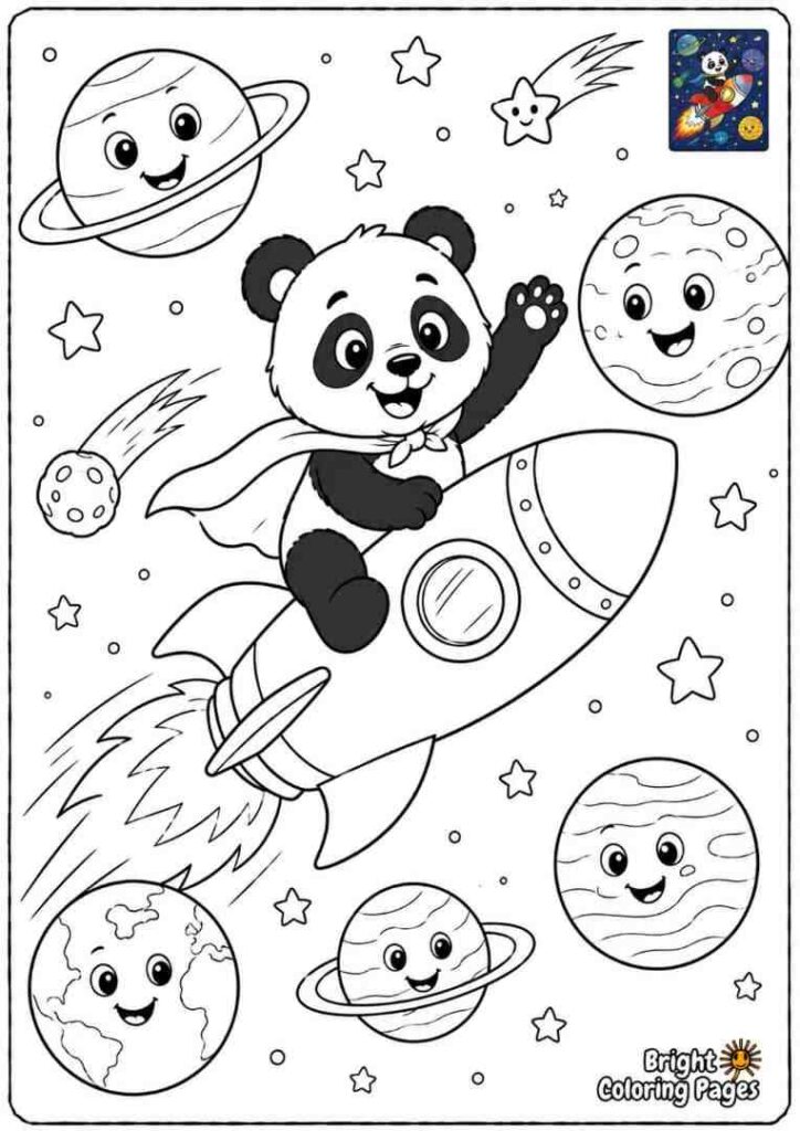 Panda Riding a Rocket free printable coloring page for kids 