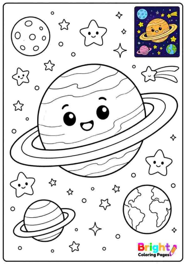 Planet and Stars Coloring Page for kids 