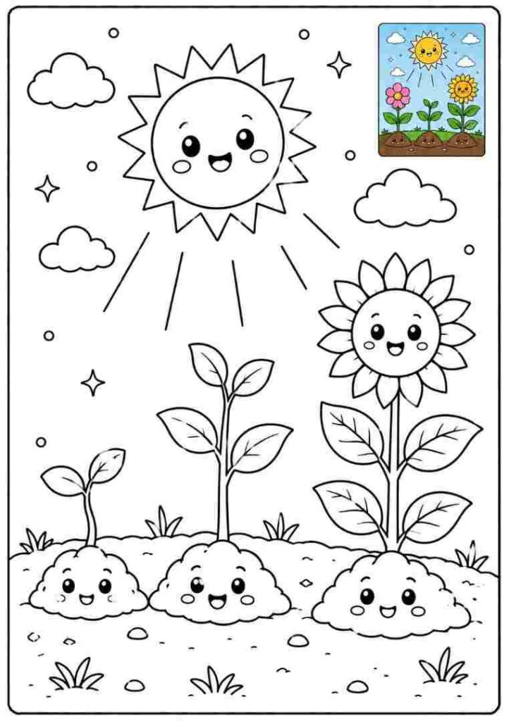 Plants Growing in the Sun Coloring Page for kids 