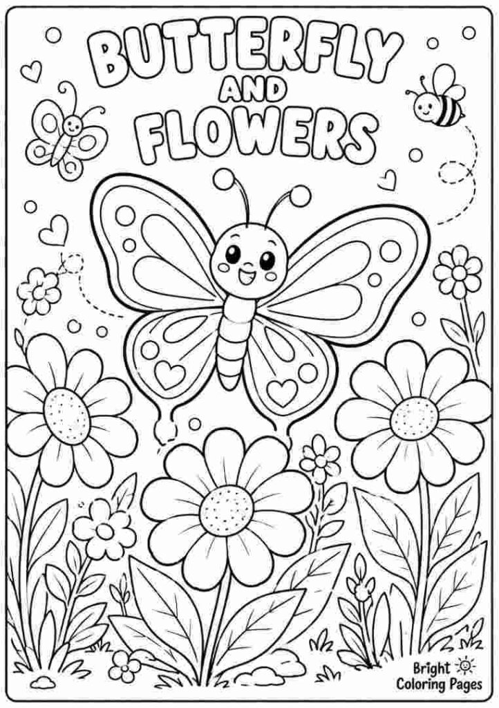 Butterfly and Flowers Coloring page for kids 