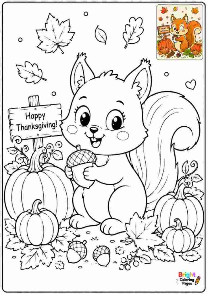 Thanksgiving Squirrel coloring page for kids 