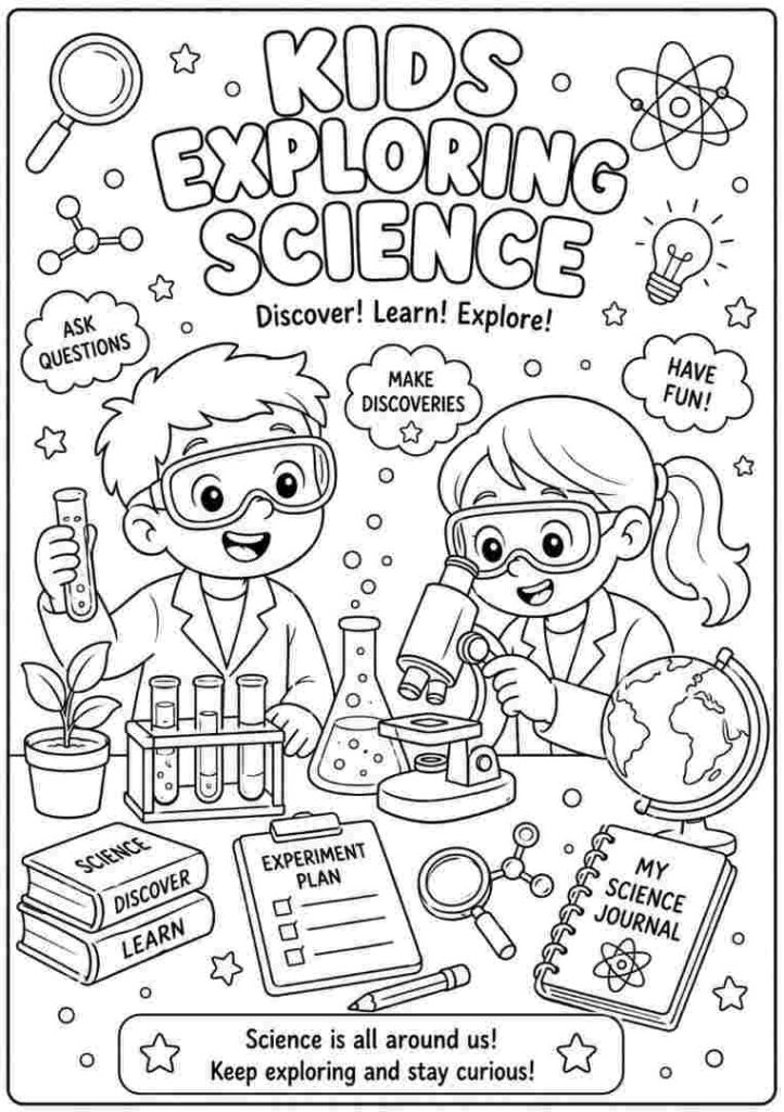 Kids Exploring Science coloring page 