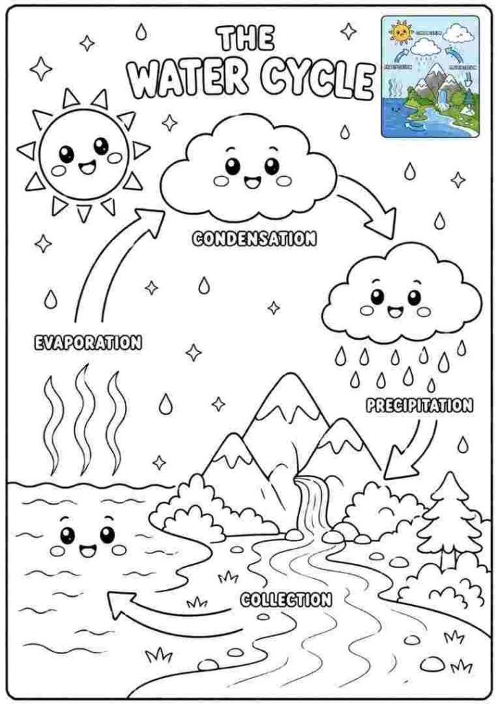 The Water Cycle coloring page for kids 