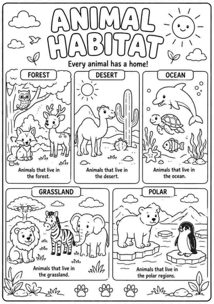 Animal Habitat coloring page for kids 