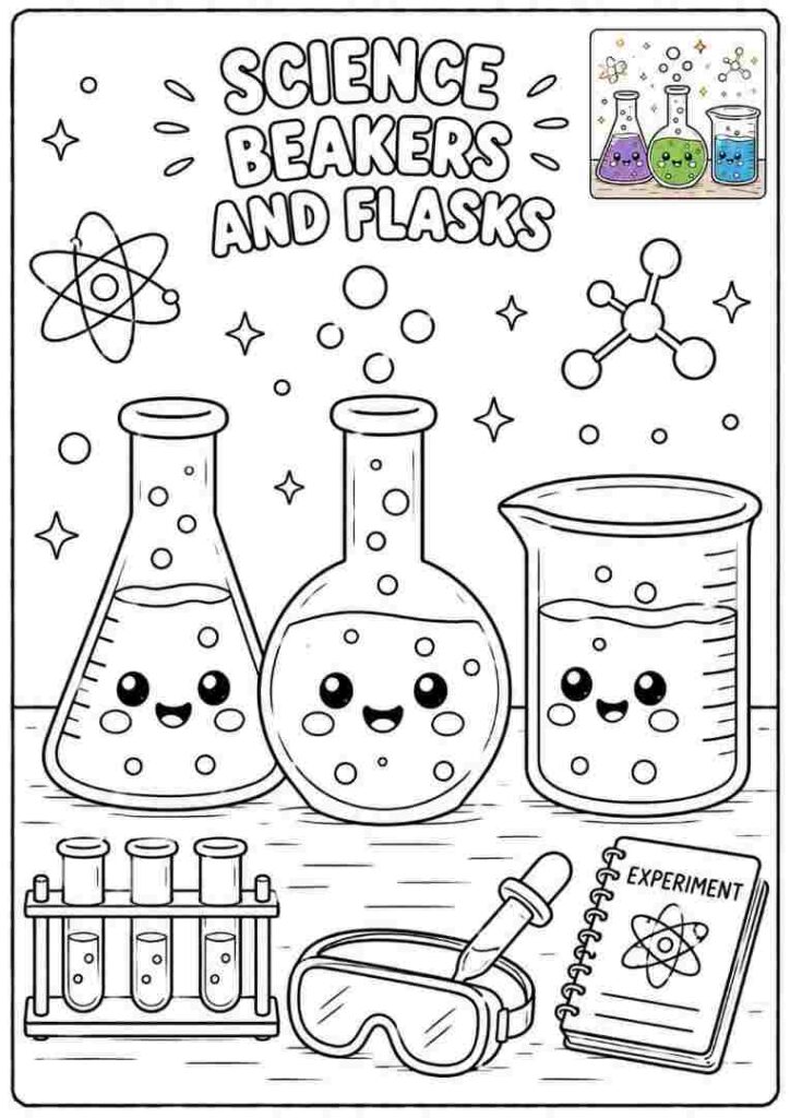 Science Beakers and Flasks coloring page for kids 