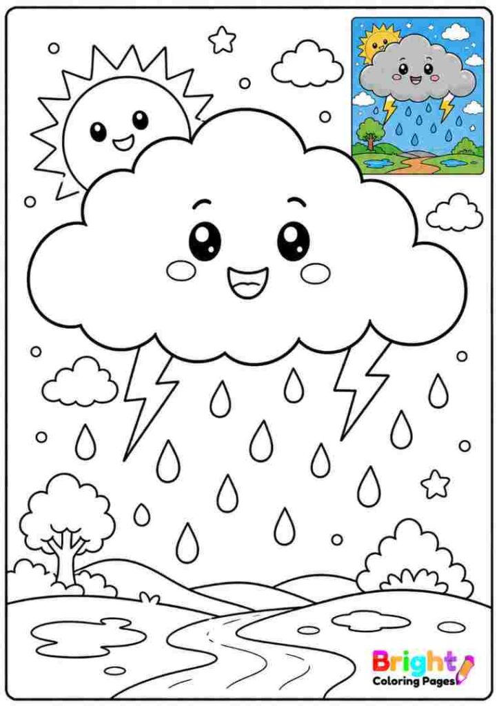 Weather Cloud and Rain coloring page for kids 