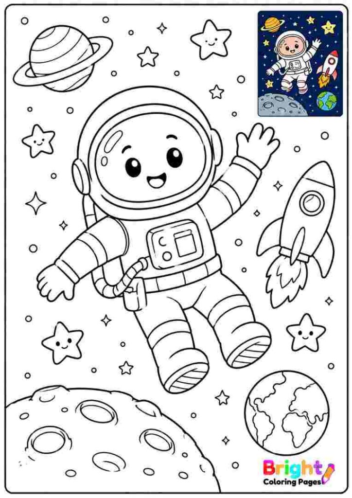 Astronaut in Space coloring page for kids 