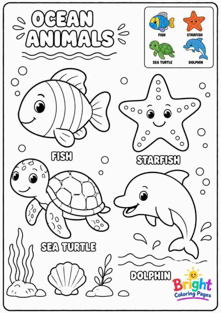 Ocean Animals Coloring Page for kids