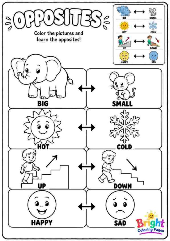 Opposites Coloring Page for kids