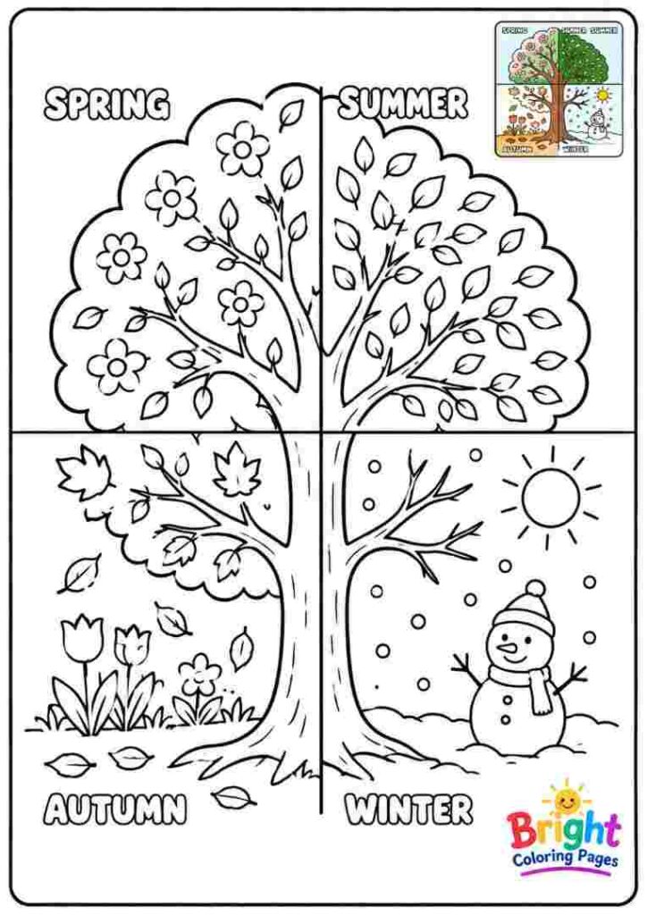 Tree and Seasons Coloring Page for kids