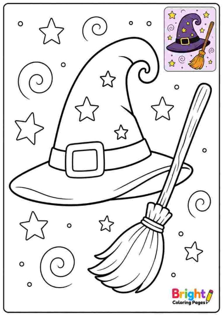 Witch Hat and Broom coloring page for kids