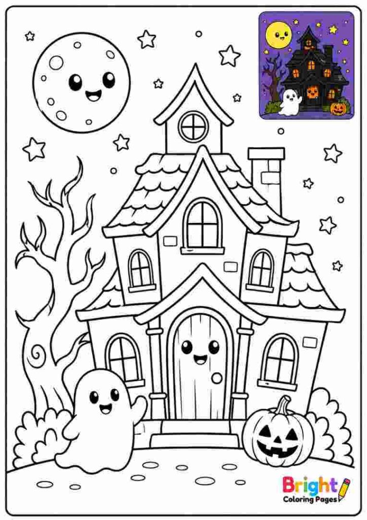 Happy Haunted House Coloring page for kids