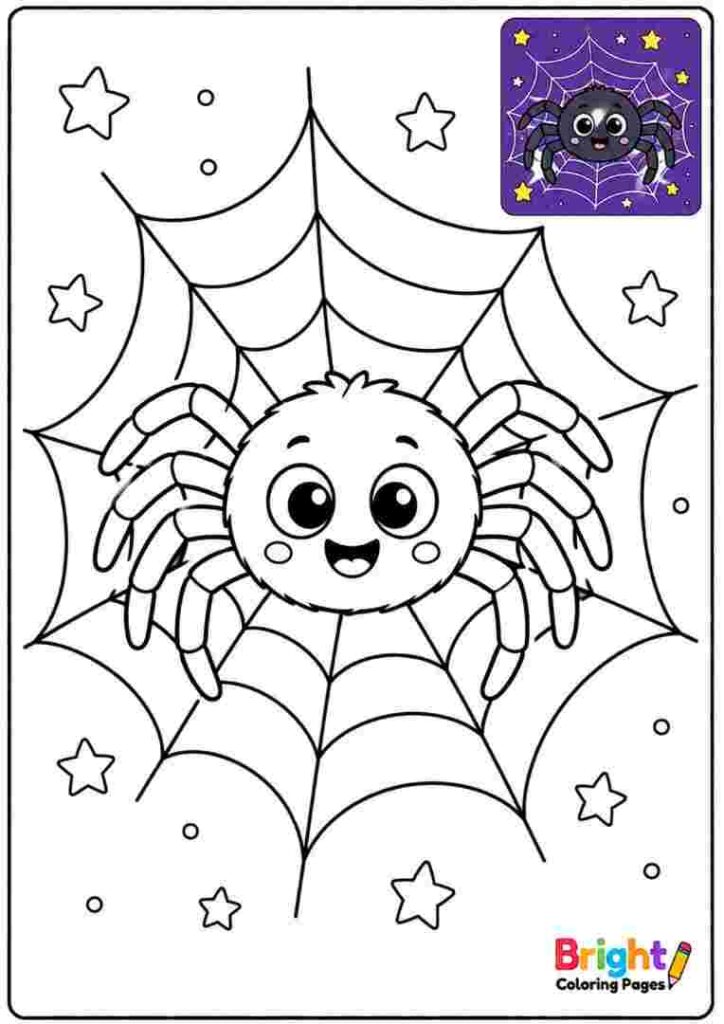 Friendly Spider and Web coloring page for kids