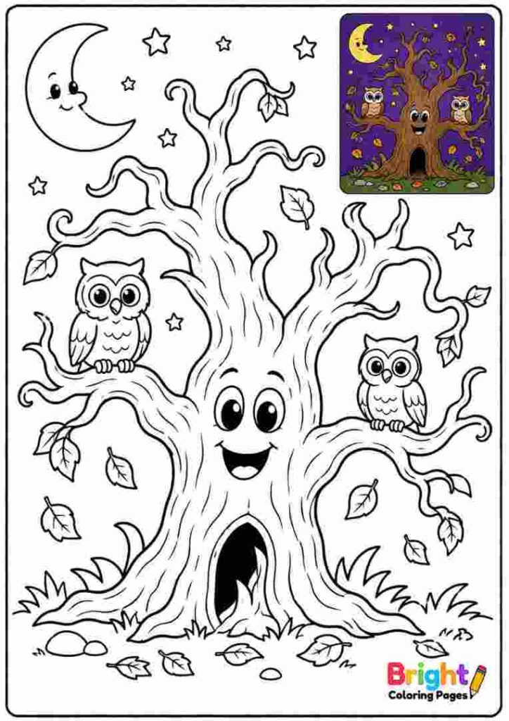 Haunted Tree with Owls coloring page for kids