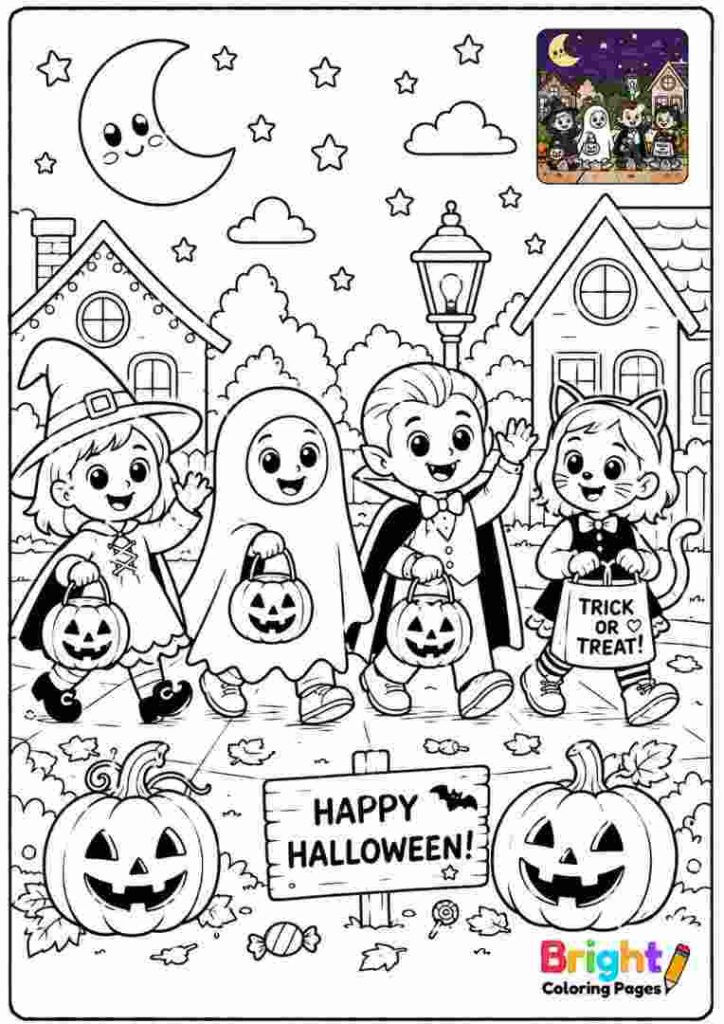 Trick or Treat Parade coloring page for kids