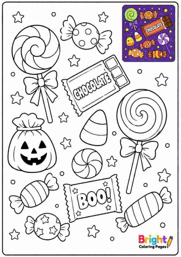 Halloween Candy Spread coloring page for kids