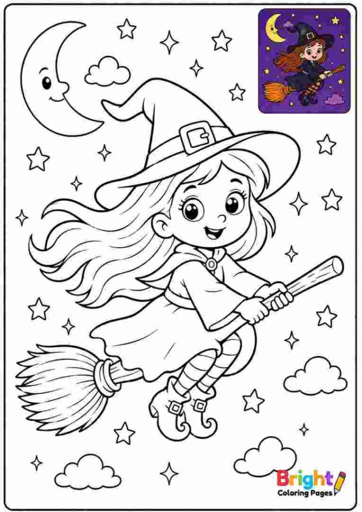 Witch on a Magic Broom coloring page for kids