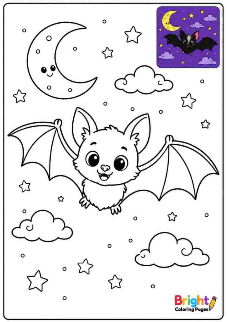 Bat Flying in the Night Sky Coloring Page for kids