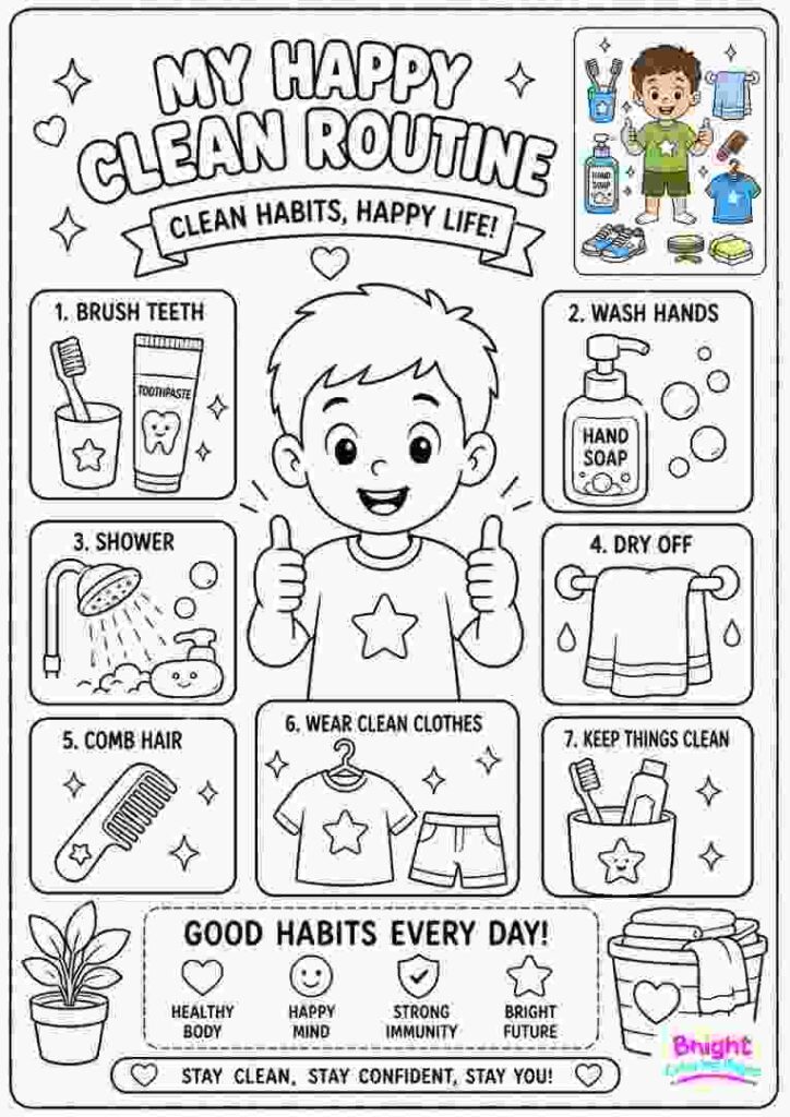 Happy Clean Routine Coloring Page