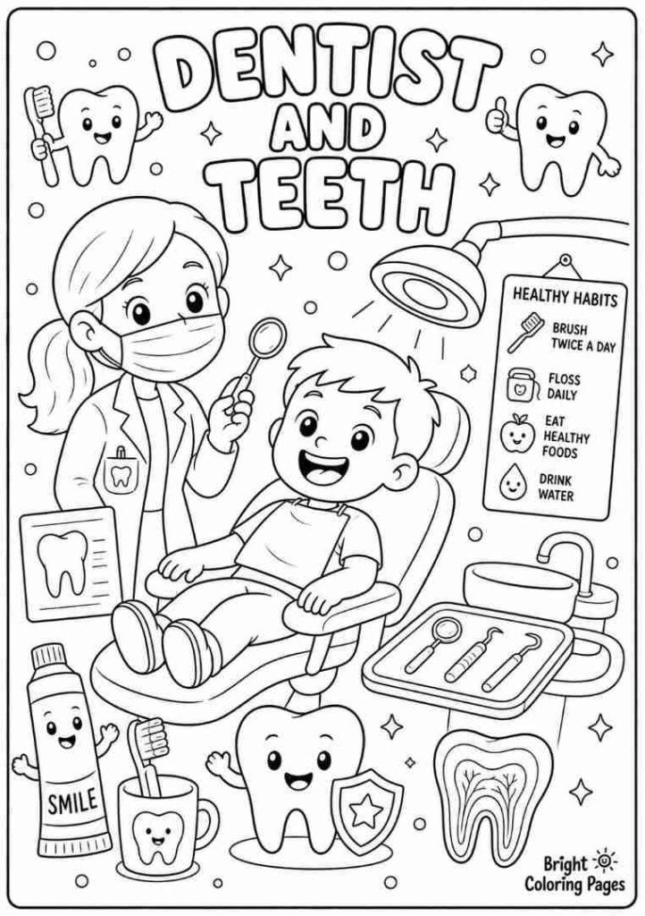Dentist and Teeth Coloring page for kids 