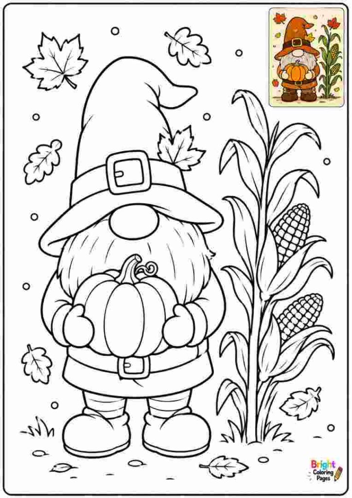 Thanksgiving Gnome coloring page for kids 