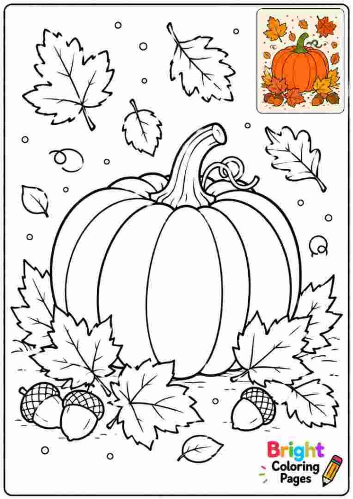 Pumpkin and Autumn Leaves coloring page for kids 