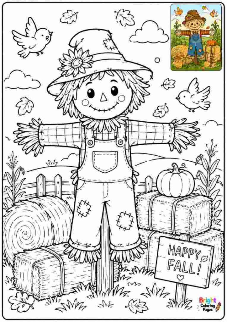 Happy Fall Scarecrow coloring page 