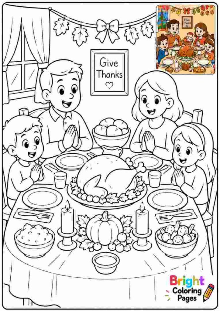 Family Thanksgiving Table coloring page for kids 