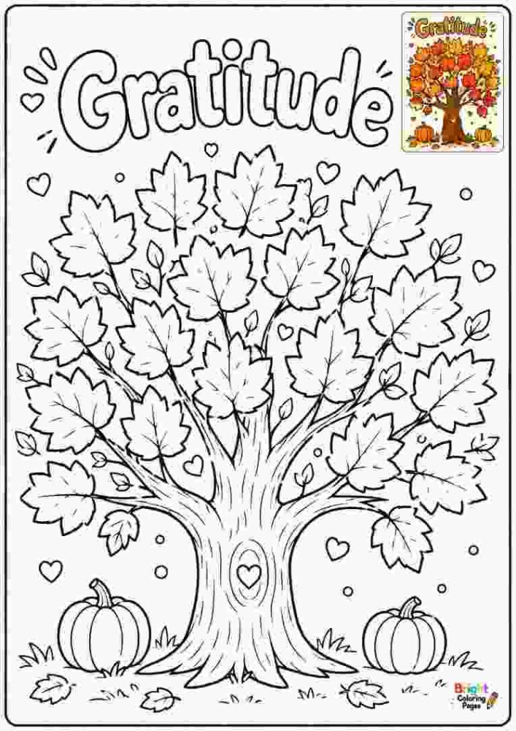 Gratitude Leaves Tree coloring page for kids 