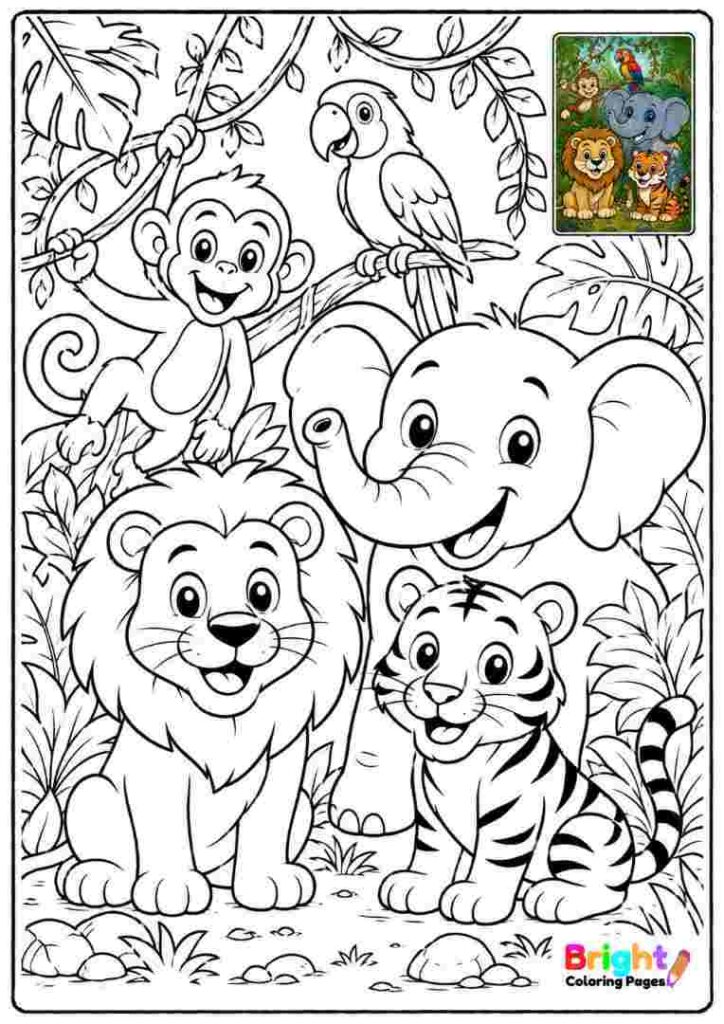 Jungle Animal Group Coloring Page