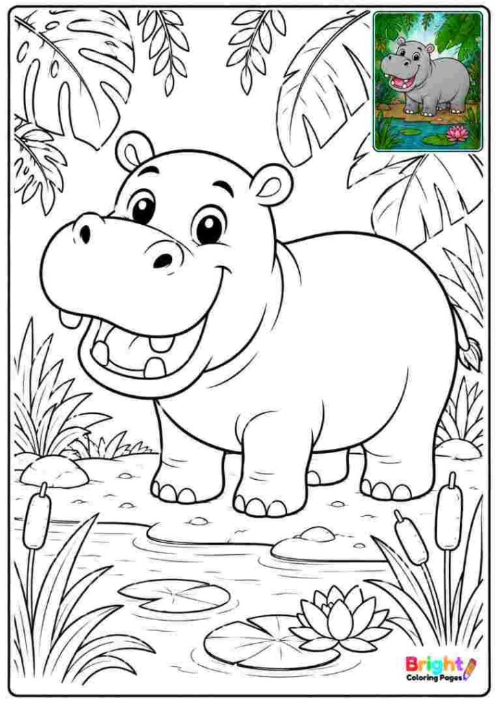 Jungle Hippopotamus Coloring Page