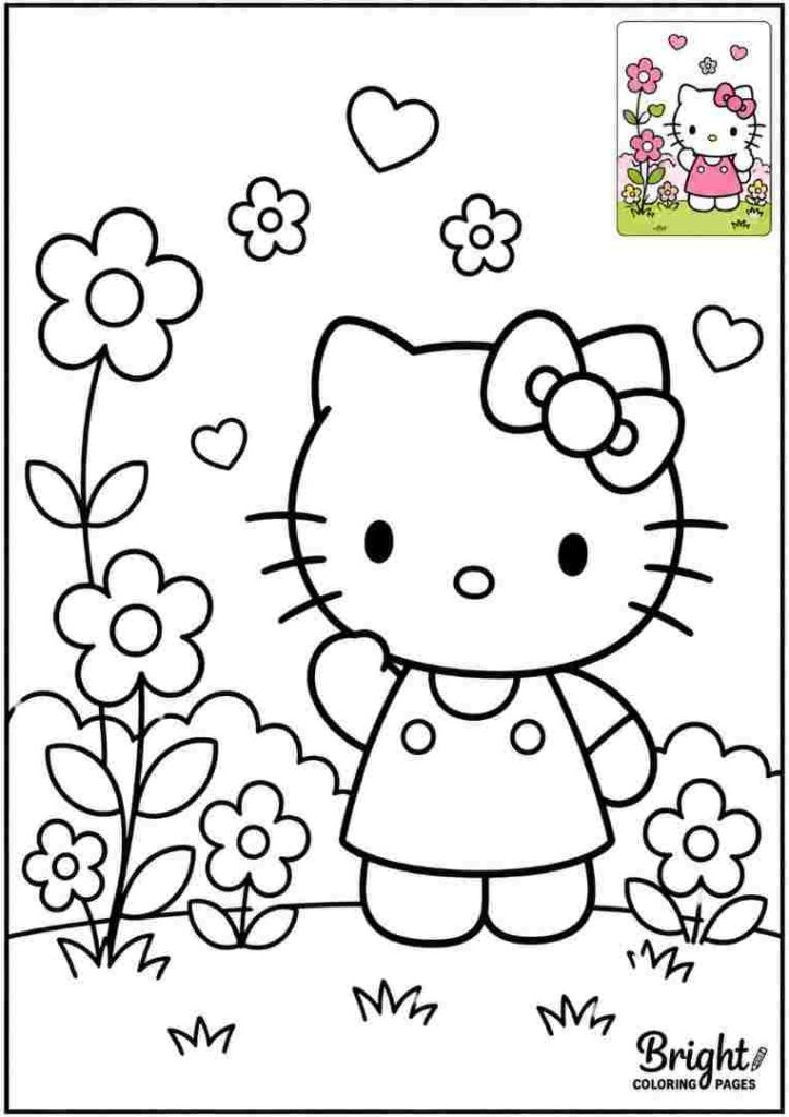 Hello Kitty with a Bow and Flowers