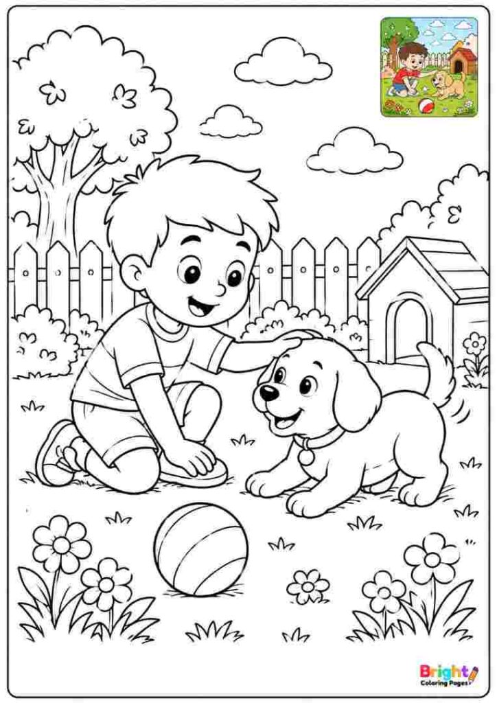 Boy Playing with a Puppy coloring page