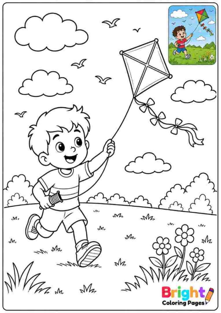 Boy Flying a Kite coloring page