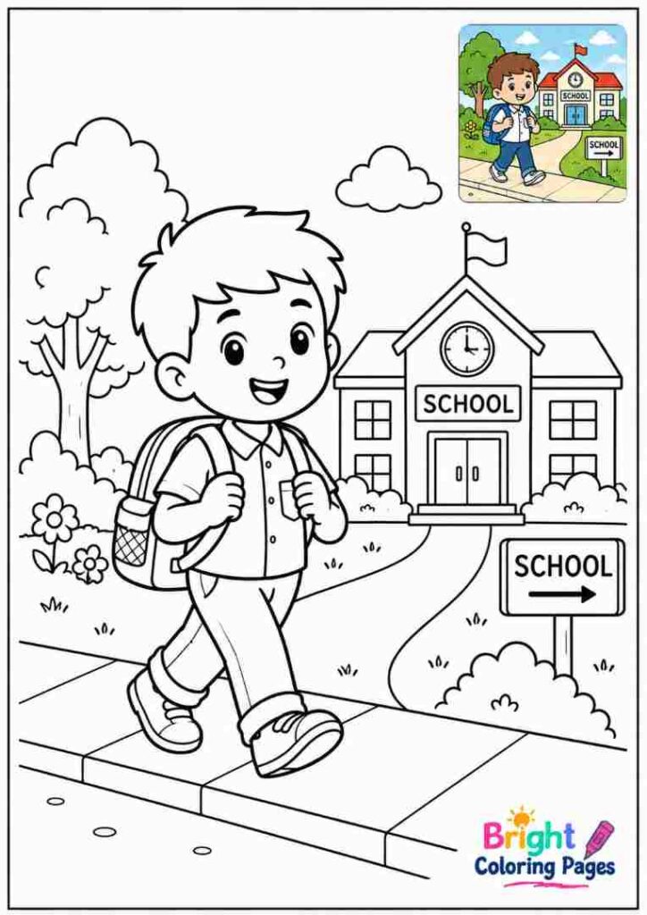 Little Boy Going to School Coloring Page