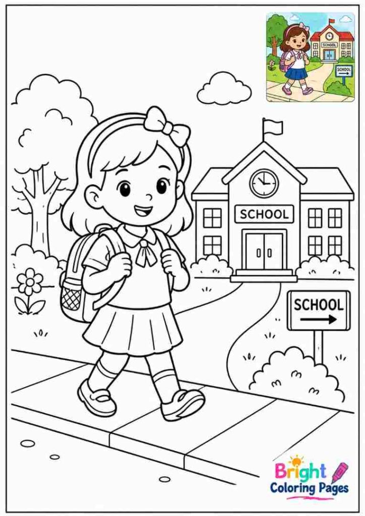 Little Girl Going to School Coloring Page