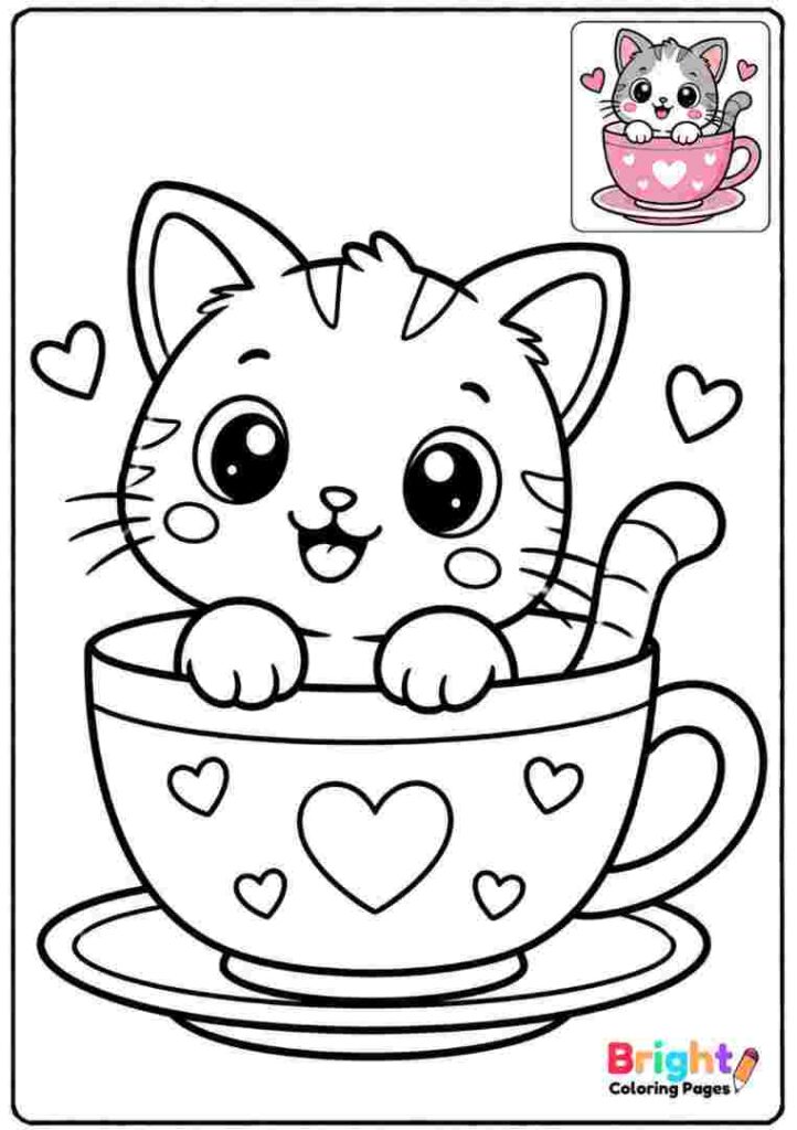 Kawaii Cat in a Cup coloring page