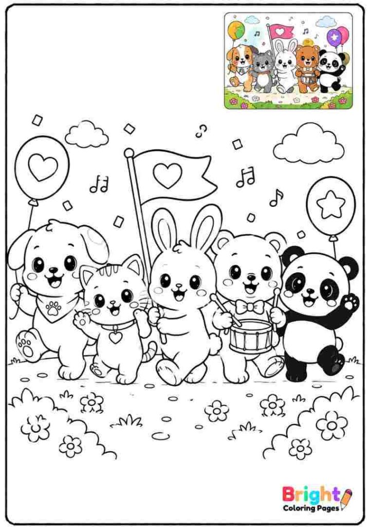 Kawaii Animal Parade coloring page